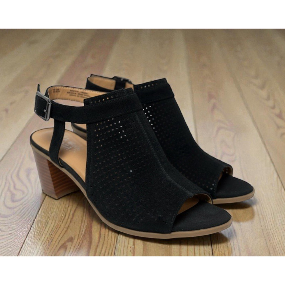 Franco Sarto Sandalls 9.5M Black Suede Slingback Block Heel Open Toe Comfort